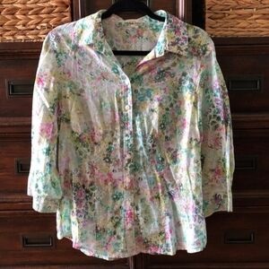 Coldwater Creek floral watercolor lightweight cotton button down shirt in size L